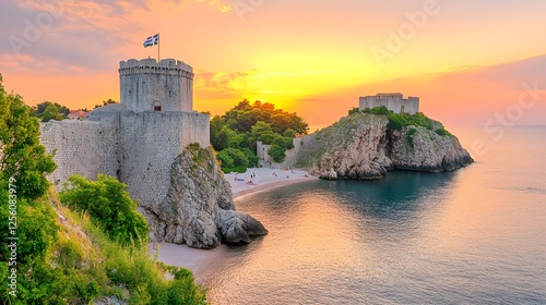 Fototapeta Naklejka Na Ścianę i Meble -  Castle on a cliff with sunset view from ancient city walls of dubrovnik croatia