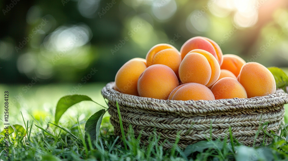 Ripe apricots in basket on grass in sunny garden Ripe apricots in basket on grass in sunny garden
