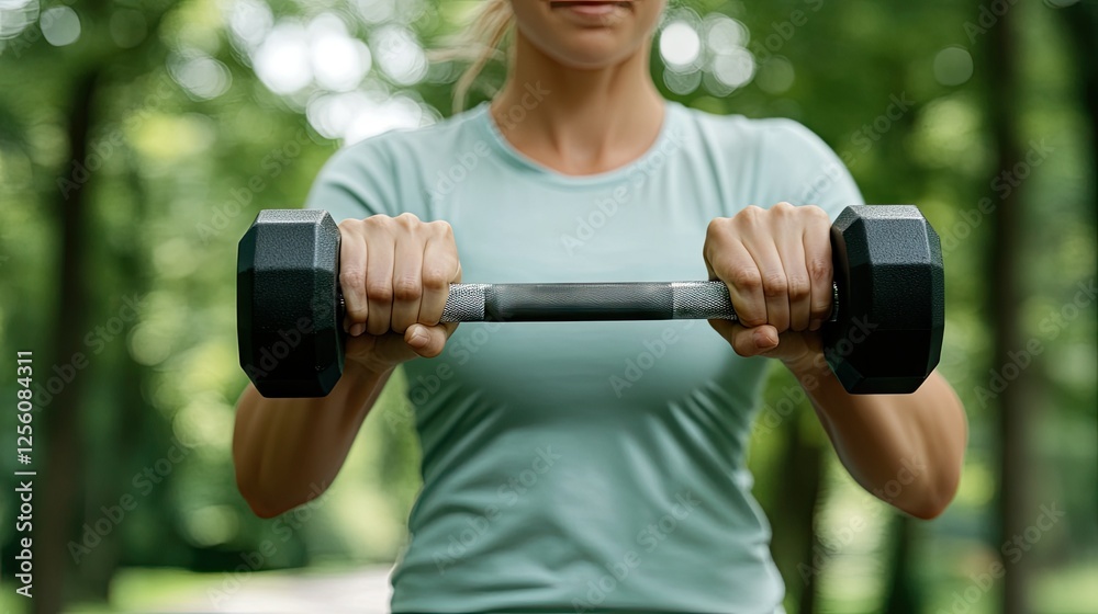 Woman exercising with dumbbells in a lush park during daytime focusing on strength training and fitness Woman exercising with dumbbells in a lush park during daytime focusing on strength training and fitness