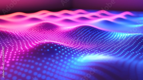 Pulsing waves of electric pink and cobalt blue light race through an infinite grid, their vibrant glow illuminating holographic patterns and casting soft reflections across the void. photo