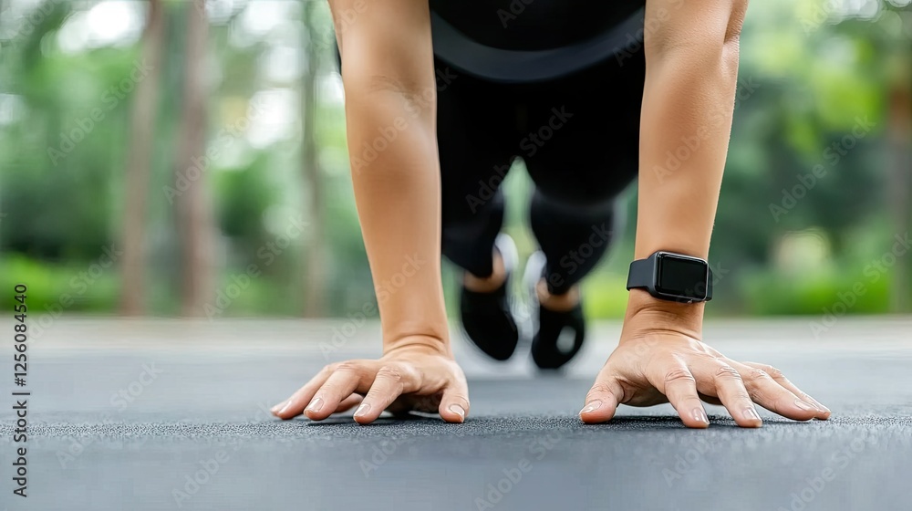 A person is performing push-up exercises on a grassy outdoor surface, surrounded by lush green trees under the bright daylight A person is performing push-up exercises on a grassy outdoor surface, surrounded by lush green trees under the bright daylight