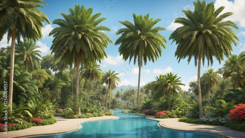 A Tropical Oasis with Palm Trees and Lush Vegetation, Inviting You to Relax and Unwind