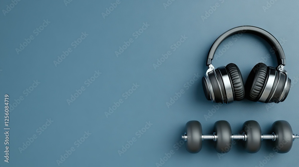 Fitness accessories including black headphones and a dumbbell on a blue background for workout motivation and music enjoyment Fitness accessories including black headphones and a dumbbell on a blue background for workout motivation and music enjoyment