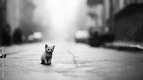 Lonely kitten on city street, foggy background, pet adoption photo