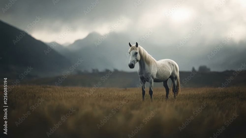 Obraz premium Majestic white horse in mountain pasture, sunrise