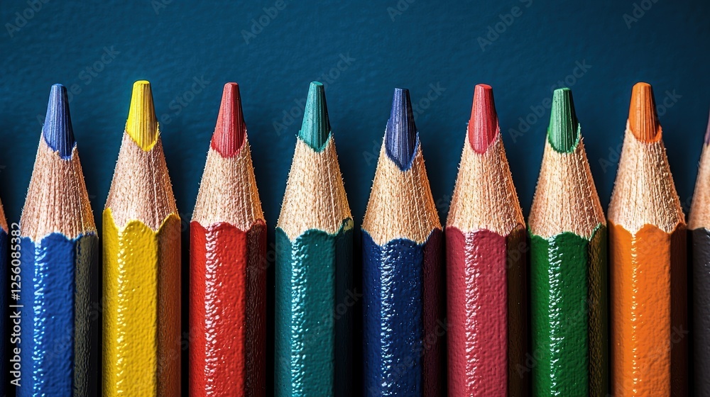 A row of colorful pencils arranged in a neat line against a blue background. A row of colorful pencils arranged in a neat line against a blue background.