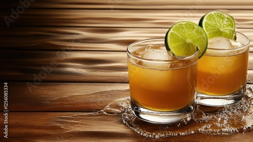 Refreshing cocktails with lime slices served on a wooden table during a casual gathering in the evening photo