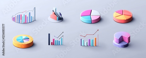 Minimalistic vector data icons collection, pie charts and graphs on grey solid background
