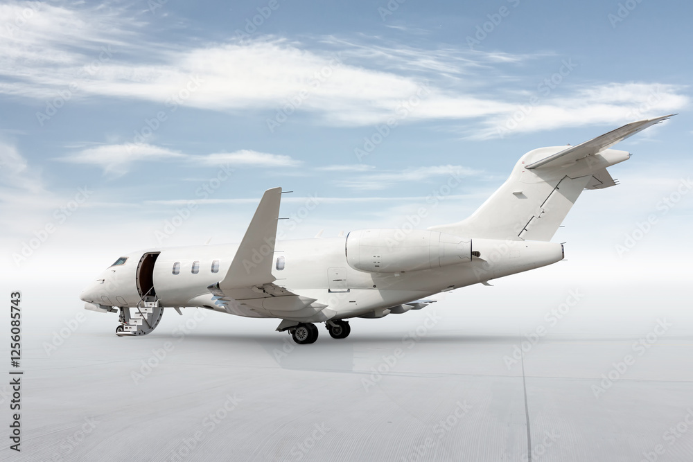 Modern white bizjet with an opened gangway door isolated on bright background with sky Modern white bizjet with an opened gangway door isolated on bright background with sky