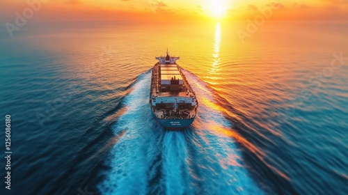Sunset cargo ship ocean transit, aerial view photo