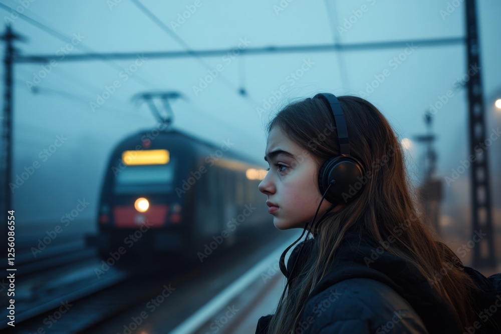 Fototapeta premium Teen girl with headphones standing at a foggy train station, deep in thought as a train arrives in the background.