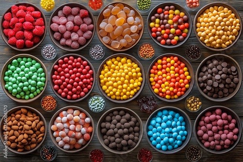 Wallpaper Mural Colorful assortment of treats showcases easter candy making process with various types of candies in bowls. Concept highlights easter candy making process and creative culinary activities Torontodigital.ca