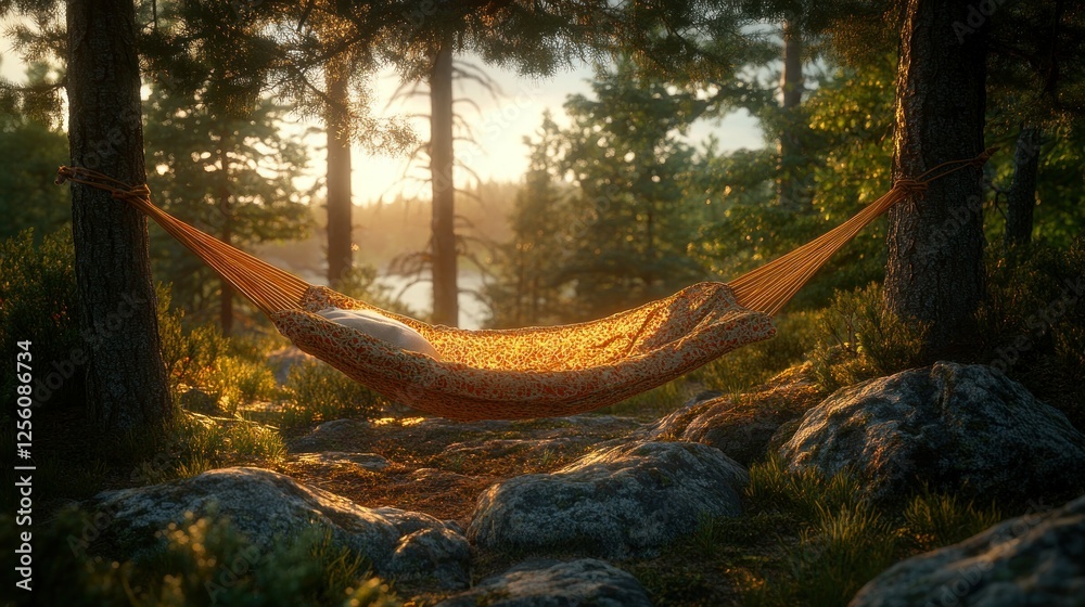 Obraz premium Sunset Hammock Relaxation, Forest, Lake View, Peaceful Scene