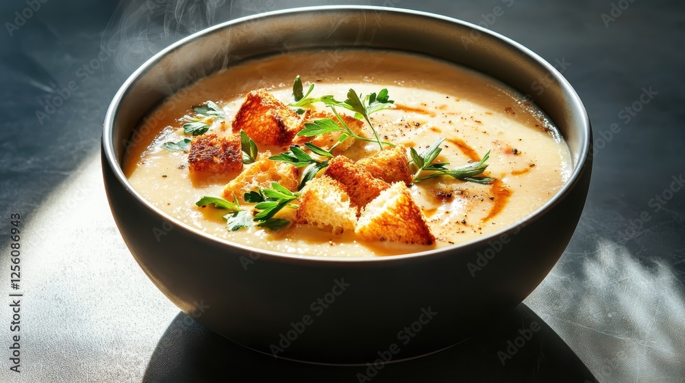 Savory bisque garnished with croutons in an elegant bowl captured in low golden light from a side view for food photography Savory bisque garnished with croutons in an elegant bowl captured in low golden light from a side view for food photography