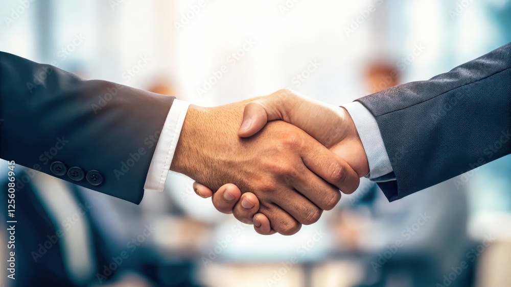 Two businessmen shaking hands, signifying a successful business deal or partnership. The background is blurred, suggesting a professional meeting or office environment. Two businessmen shaking hands, signifying a successful business deal or partnership. The background is blurred, suggesting a professional meeting or office environment.