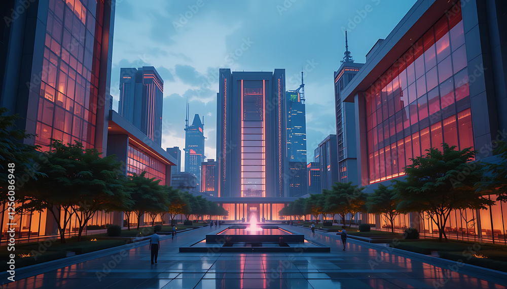 Fototapeta premium Modern Urban Courtyard at Sunset Futuristic Cityscape with Glass Buildings