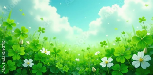 Emerald green clover blooms amidst wispy clouds, foliage, spring