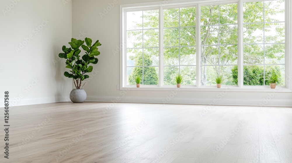Fototapeta premium Empty room with large window, view of trees, modern interior