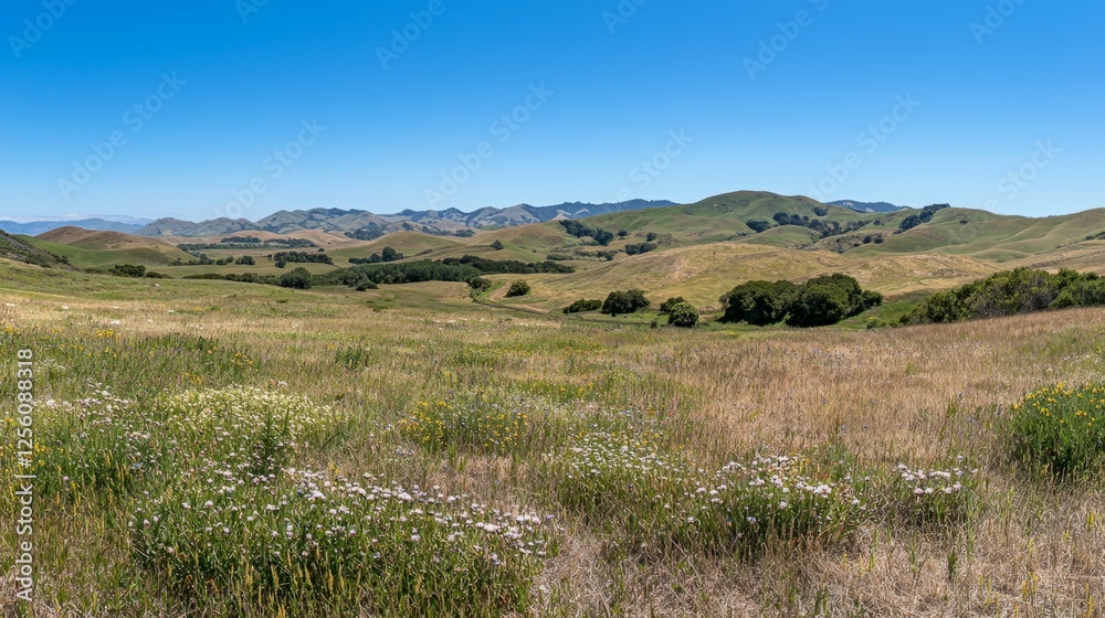 Obraz premium Scenic Rolling Hills with Sunny Blue Sky and Wildflower Meadow