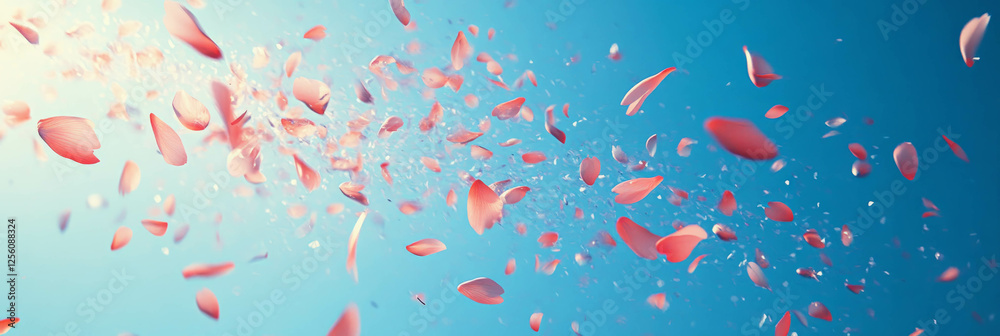 Scattered cherry blossom petals create a dreamy effect against a bright blue background Scattered cherry blossom petals create a dreamy effect against a bright blue background