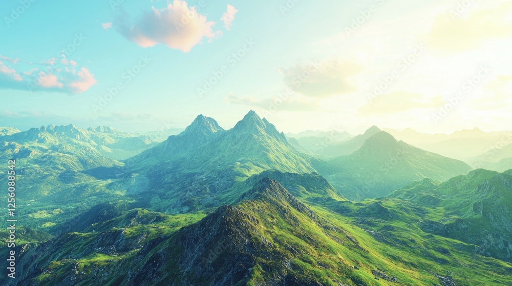 Fototapeta premium Majestic Mountain Landscape with Lush Greenery and Soft Clouds