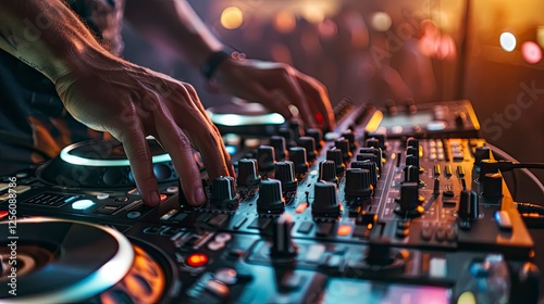 close up of a dj at the work, dj is mixing