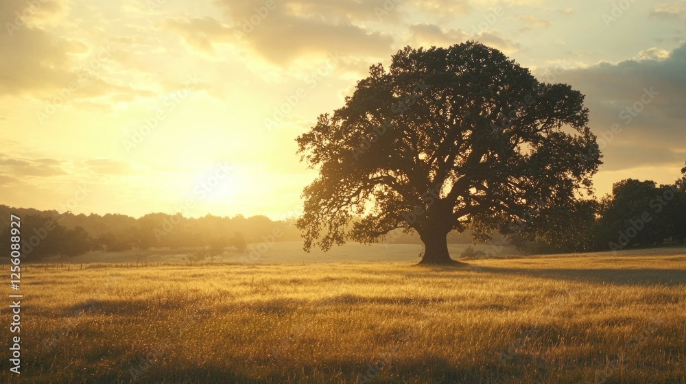 Majestic Oak Tree Silhouetted Against a Golden Sunset Sky Majestic Oak Tree Silhouetted Against a Golden Sunset Sky