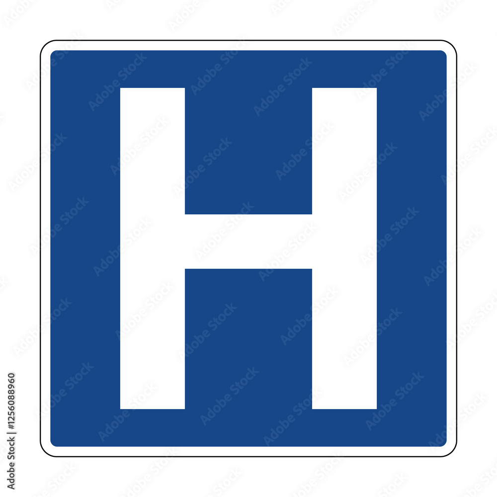 Fototapeta premium Road sign hospital. Information sign warns drivers about the presence of a nearby medical institution such as a hospital, clinic or first aid station. H symbol.