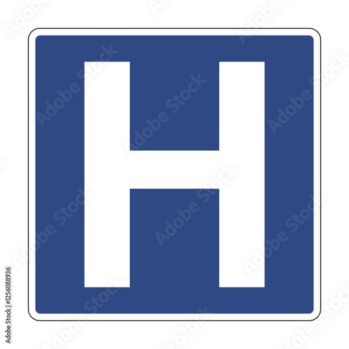 Road sign hospital. Information sign warns drivers about the presence of a nearby medical institution such as a hospital, clinic or first aid station. H symbol.