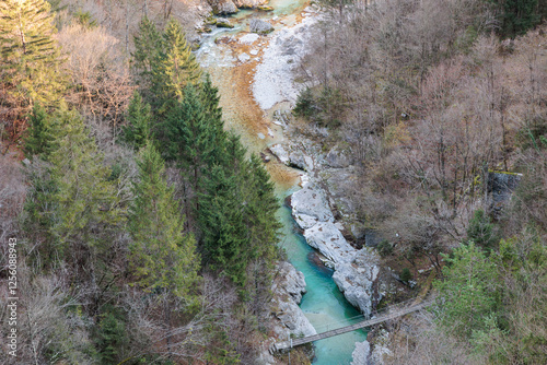 dettagli del fiume Isonzo, nella Slovenia nord-occidentale, circondato da sponde ricche di alberi, di giorno, in inverno photo