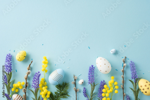 Decorative Easter eggs and spring blossoms arranged on a pastel background for seasonal themes photo