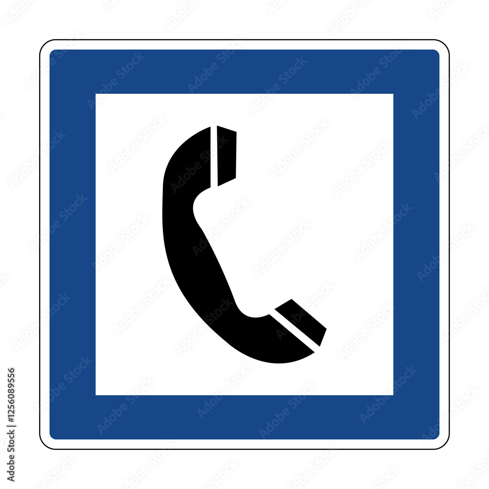 Road sign telephone. Indicates the presence a telephone or emergency telephone nearby. Used along roads and highways to indicate places where emergency or other services can be contacted.