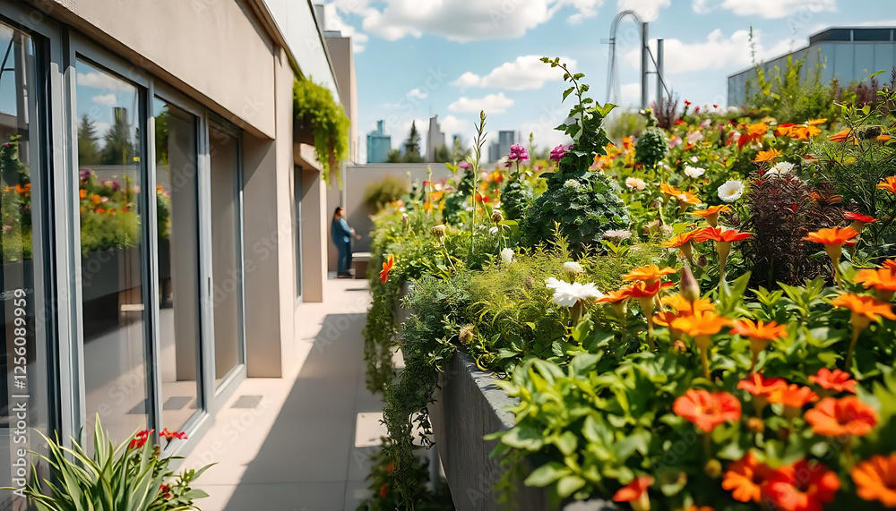 Fototapeta premium a close up of a planter on the side of a building, Urban Gardening, Autunm plants in big concrete planter on the street, created with generative ai