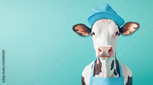 Joyful Black And White Cow Dressed In Blue Attire photo
