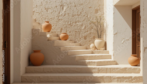 minimalist mediterranean interior, white stone staircase, terracotta pots, warm sunlight, textured walls, archway, earth tones, rustic elegance, soft shadows, organic shapes, peaceful ambiance, archit