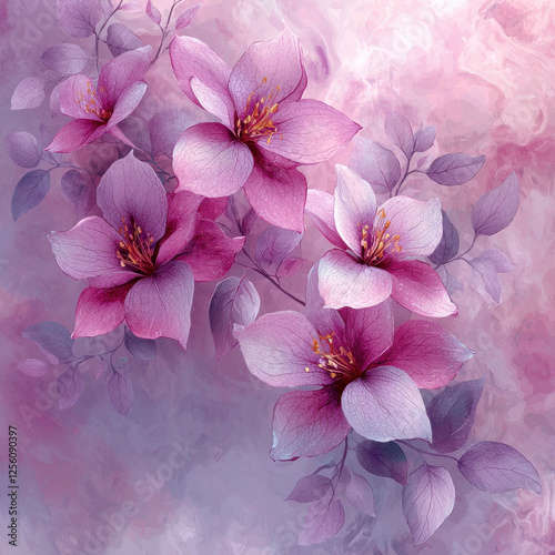 Pink flowers with leaves on a soft purple background, ideal for backgrounds or designs