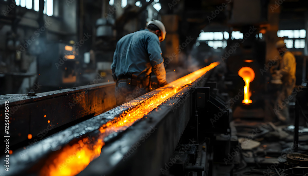 Molten Metal Production in Factory with Workers and Intense Heat Molten Metal Production in Factory with Workers and Intense Heat