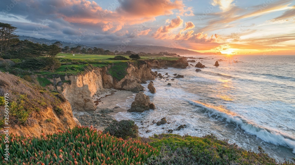 Naklejka premium Beautiful Sunset Over Coastal Cliffs with Colorful Tulips in Foreground
