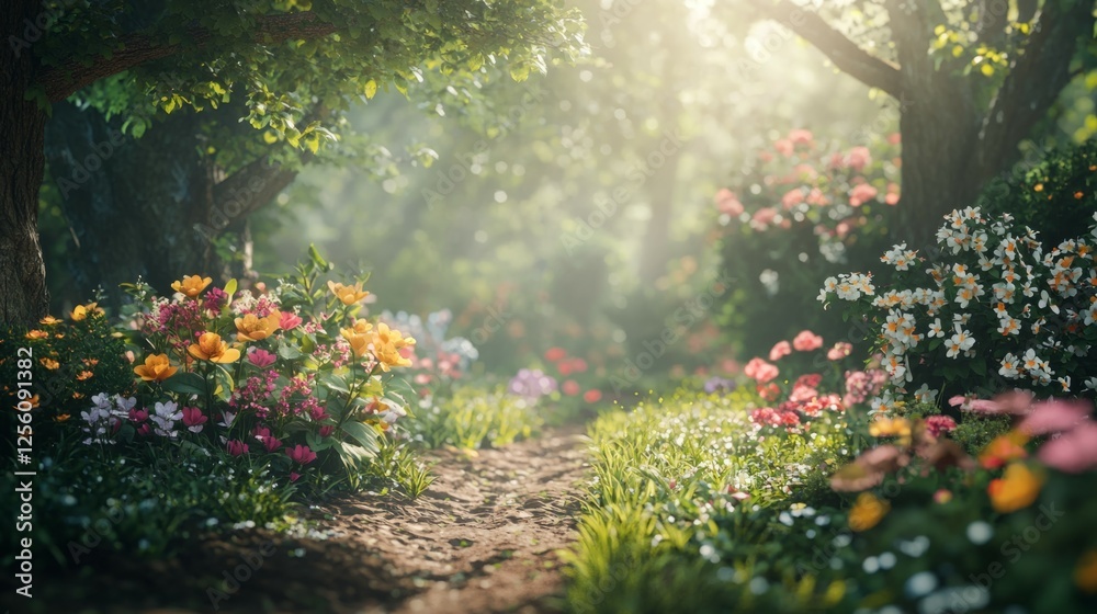 Obraz premium Vibrant Floral Pathway Through Lush Green Forest in Springtime