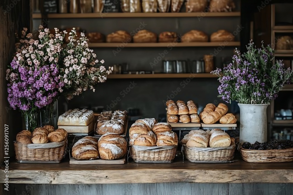 Rustic bakery display with assorted breads, pastries, and flowers. Rustic bakery display with assorted breads, pastries, and flowers.