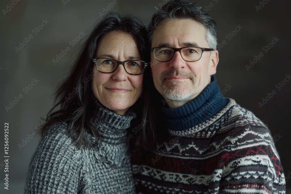 Portrait of a joyful couple in their 40s wearing a cozy sweater isolated in empty modern loft background Portrait of a joyful couple in their 40s wearing a cozy sweater isolated in empty modern loft background