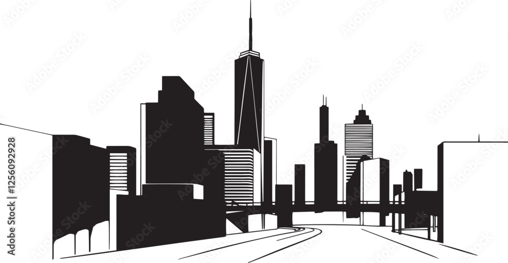 Fototapeta premium City landscape. Line urban backdrop. Different buildings on street, outline cityscape hand sketch, flat houses. Hand drawn vector illustration