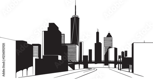 City landscape. Line urban backdrop. Different buildings on street, outline cityscape hand sketch, flat houses. Hand drawn vector illustration