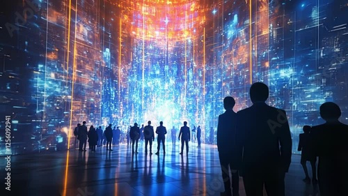 Imposing holographic gates of a wealthy enclave partially transparent with silhouettes of hopeful individuals pressed against them embodying aspiration and barriers.