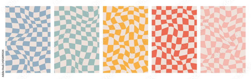 Groovy Checkered Background set. Isolated Retro Twisted Template. Waves Trippy Grid. Trendy print 1970s. Hippie aesthetic psychedelic
