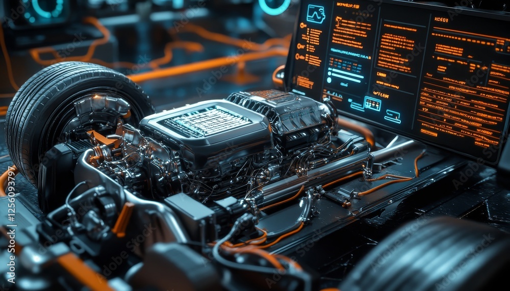 Obraz premium Futuristic car engine display realistic image of open engine with data panels on digital screen