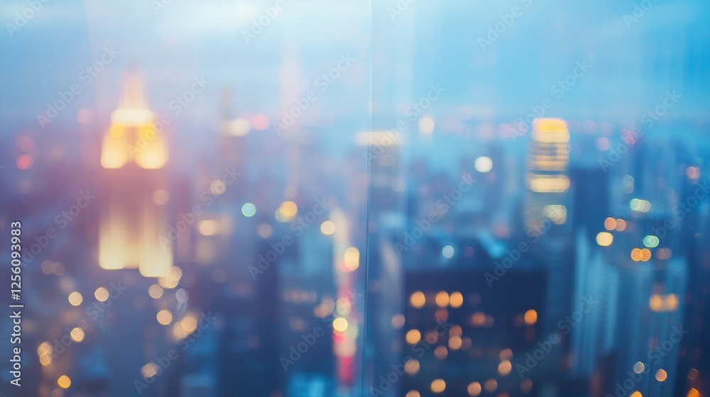 Fototapeta premium Abstract urban expanse view through refractive glass facade at twilight