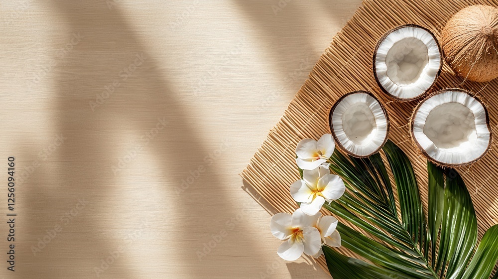 Fototapeta premium A table with a white background and a few coconuts and flowers