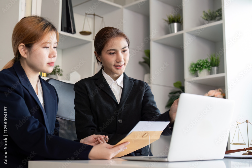 Lawyer assisting client with legal matters while reviewing documents on a laptop. Lawyer assisting client with legal matters while reviewing documents on a laptop.