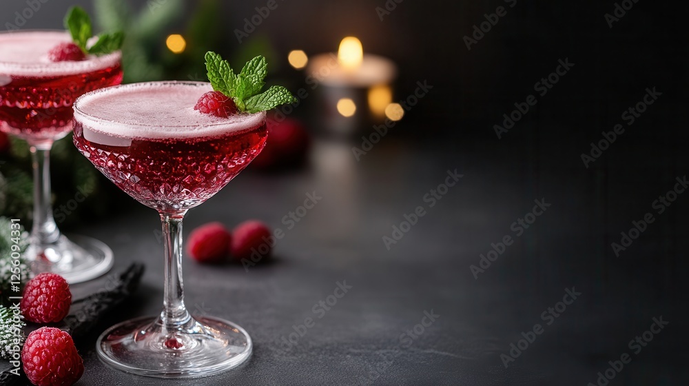 A Valentine's Day cocktail bar setup: red and pink cocktails in elegant glasses, garnished with raspberries and mint, with candles and fairy lights in the background. A Valentine's Day cocktail bar setup: red and pink cocktails in elegant glasses, garnished with raspberries and mint, with candles and fairy lights in the background.